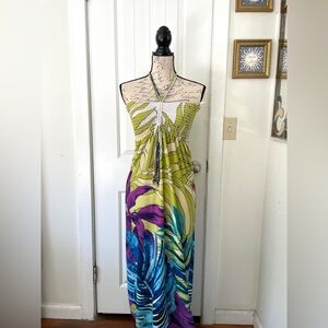 Cache Multicolor Smocked Maxi Dress Y2K Beaded Halter Floral Vacation Size M
